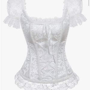 Blidece Gothic Tapestry Lace up Boned Corset Overbust Bustier with Lace Sleeves